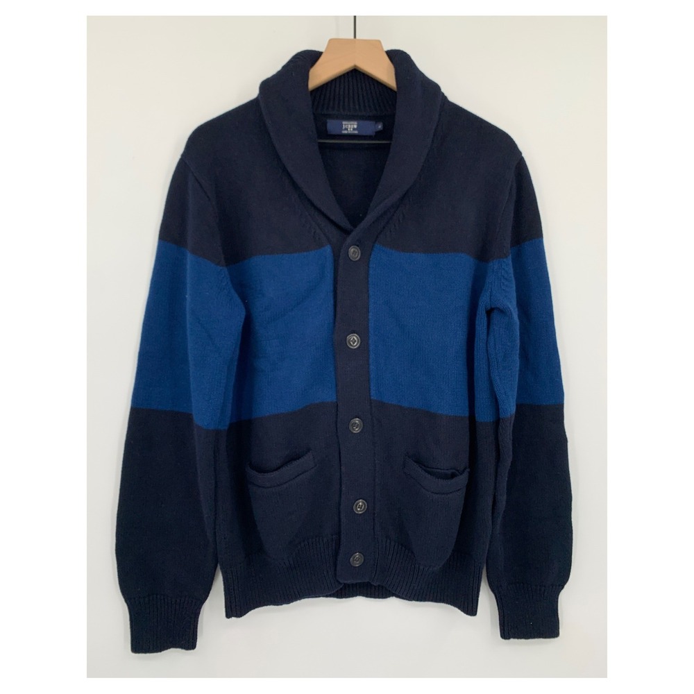 J Crew Sweater Mens Large Blue Shawl Collar Cardigan Colorblock Cotton Thick